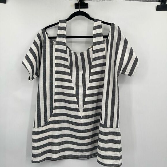 Soft Surroundings Gray White Cold Shoulder Linen Blend Stripe Tunic Blouse Large - Picture 1 of 8